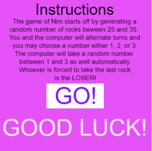 A solid magenta background with the game instructions, a white go button, and good luck below the button.
